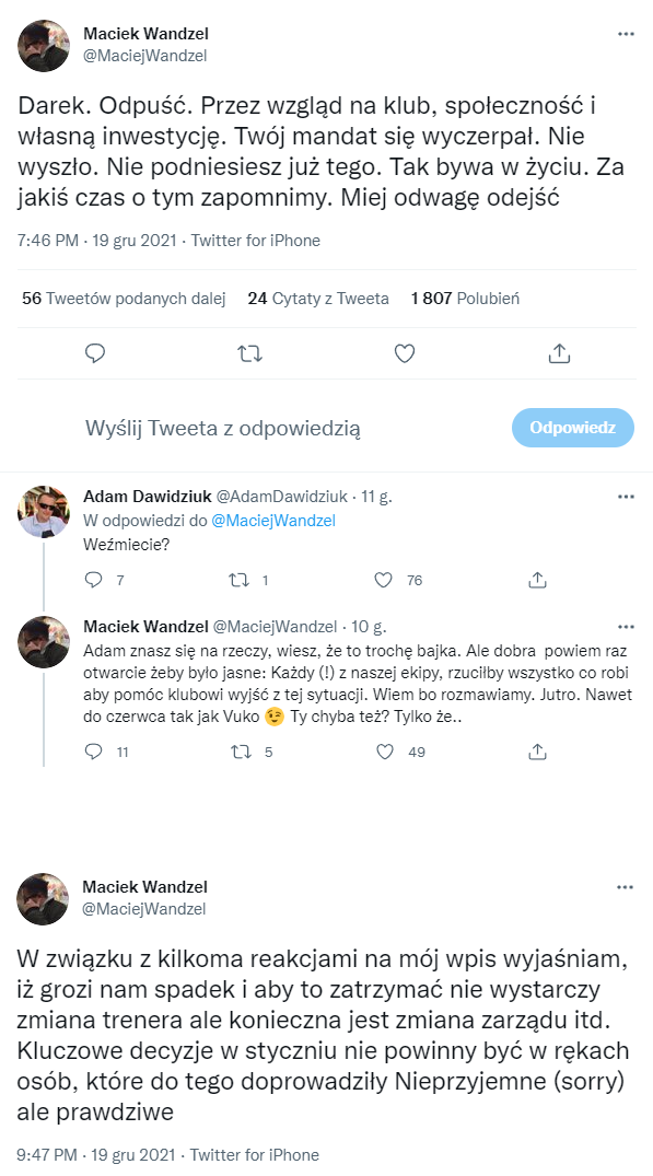 OSTRE TWEETY Macieja Wandzla w kierunku Dariusza Mioduskiego!